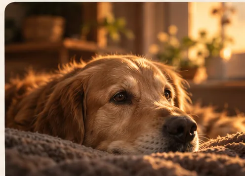 Concept image of a golden dog resting in evening light